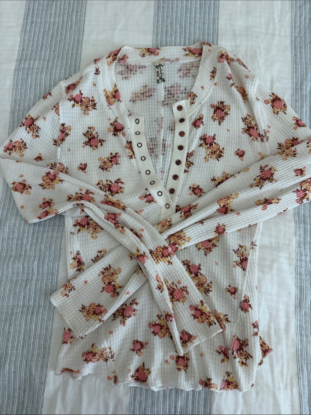 Free People White Floral Waffle Knit Henley Top